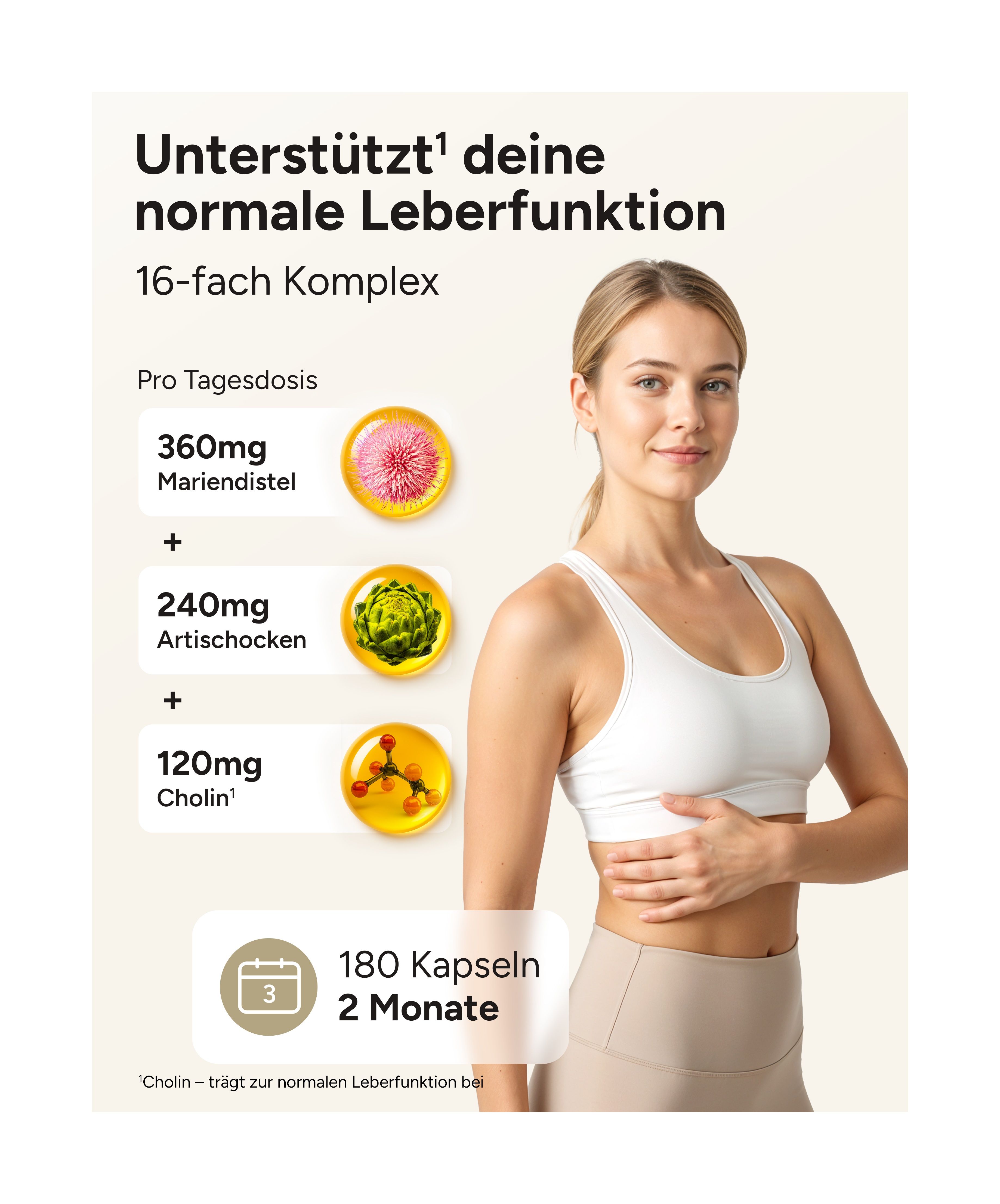 Frau mit Bauch. Grafiken von Mariendistel, Artischocke und Cholin. Text: 180 Kapseln, 2 Monate.