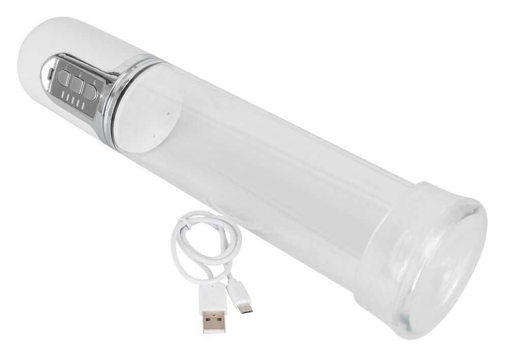 Transparente Penispumpe mit weißem Kopf und Ladekabel. Der Zylinder liegt schräg.