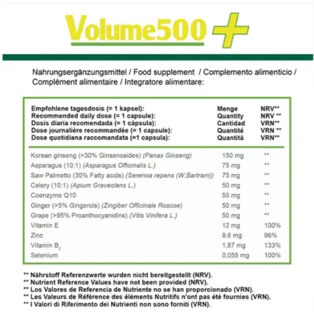 Nahrungsergänzungsmittel-Tabelle mit Inhaltsstoffen. Text: Volume500+. Empfohlene Tagesdosis: 1 Kapsel.