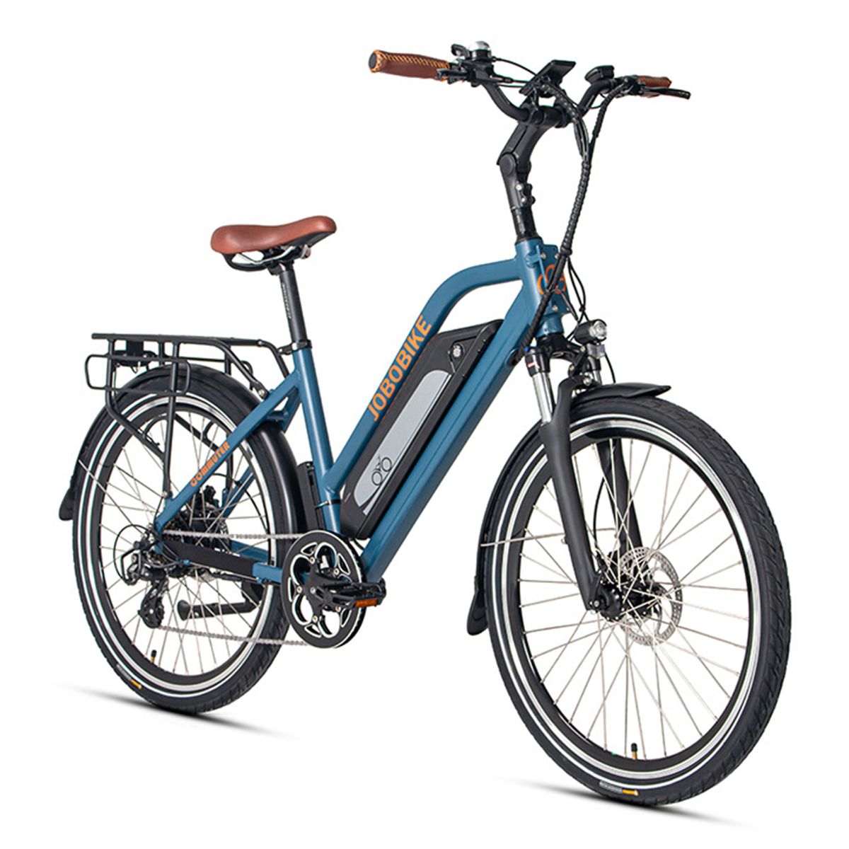 Blaues City-E-Bike mit braunem Sattel und Lenker. Gepäckträger hinten. JOBOBIKE-Logo am Rahmen.