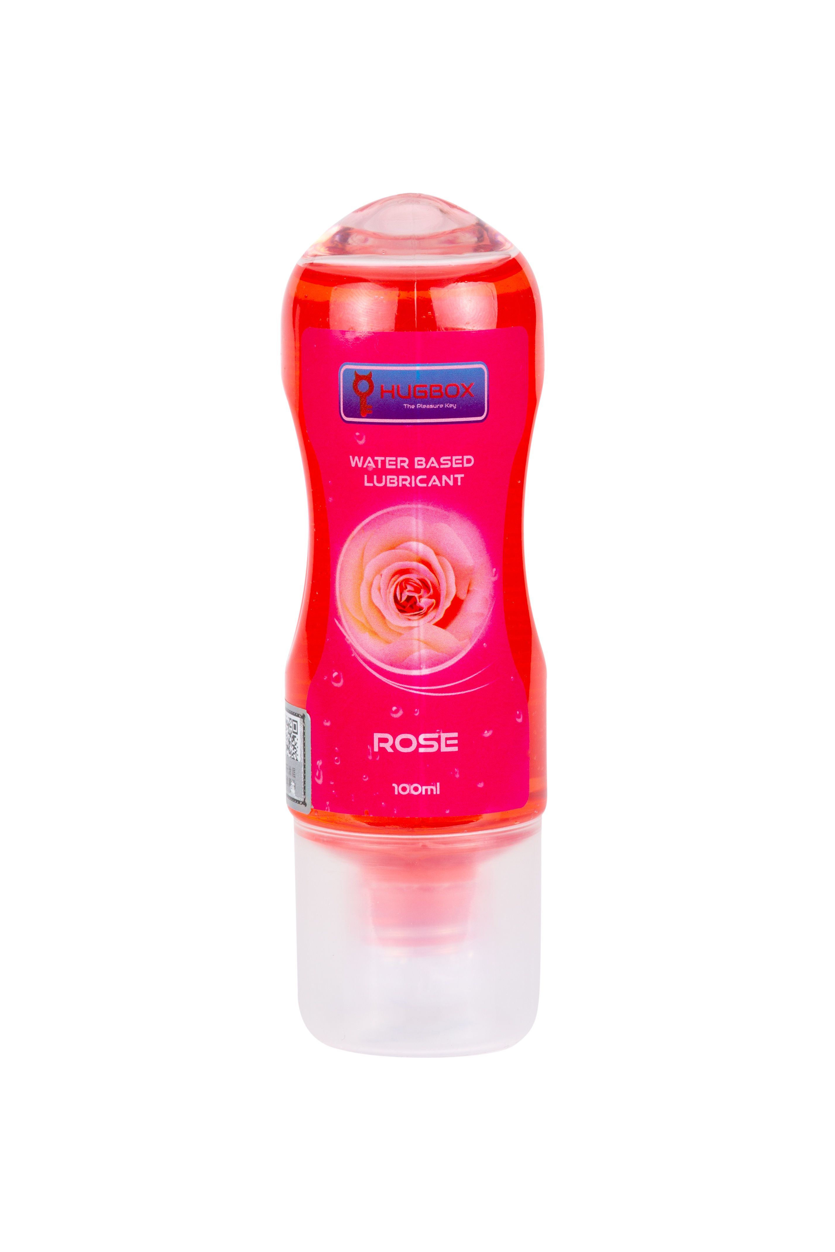 Rote Flasche mit rosa Flüssigkeit. Etikett mit Rose und Text. Klarer Dosierkopf. Produktname nicht sichtbar. 100ml.