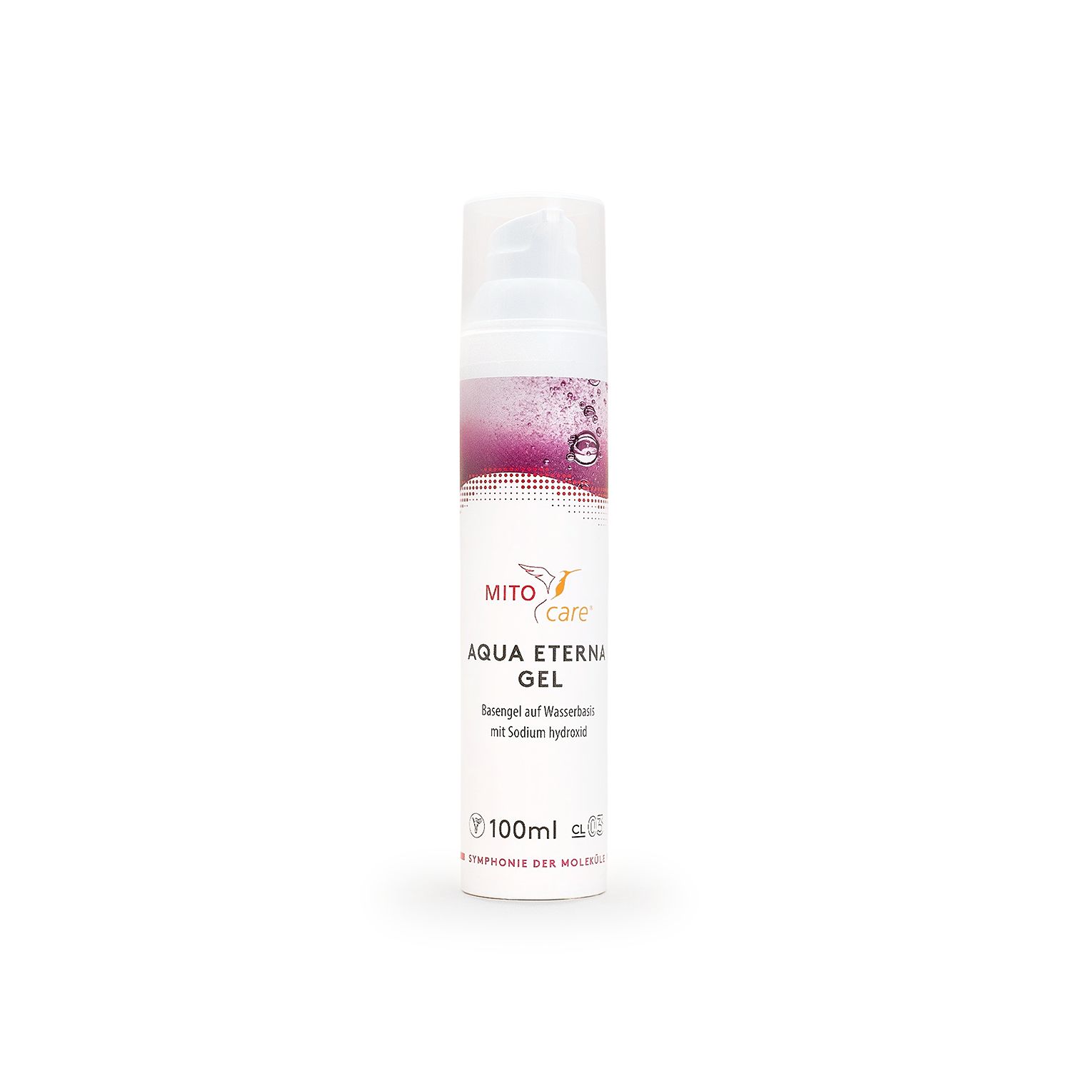 Weiße Pumpflasche mit Etikett, das MITOcare Aqua Eterna Gel zeigt.