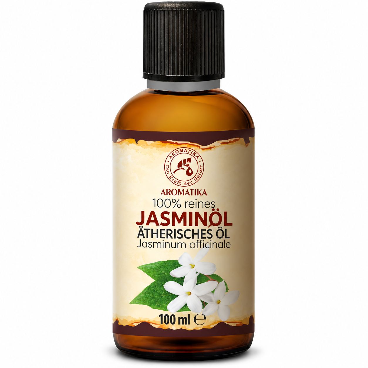 Flasche mit 100 ml Jasminöl, umgeben von Jasminblüten und Blättern.