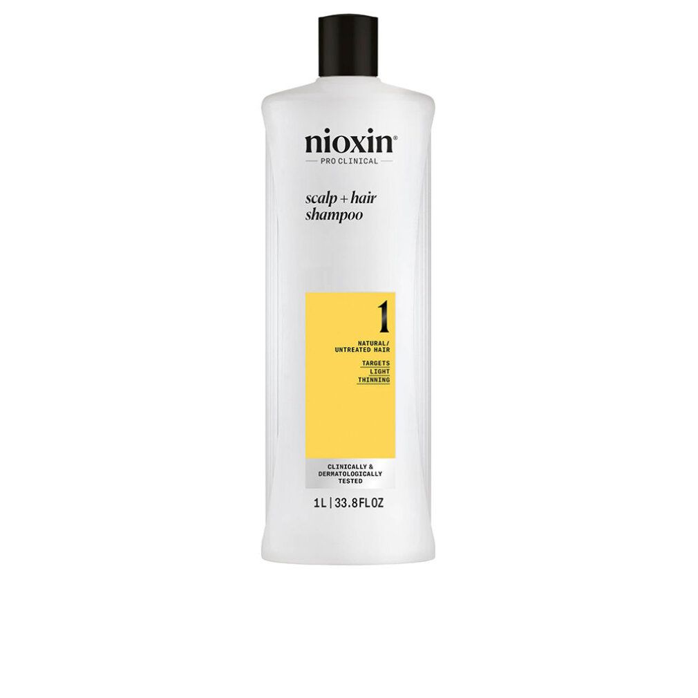 Weißes Shampoo mit schwarzem Deckel. Aufschrift: Nioxin, Scalp + Hair Shampoo, 1. Gelbes Etikett mit Text. 1L/33.8 fl.oz.