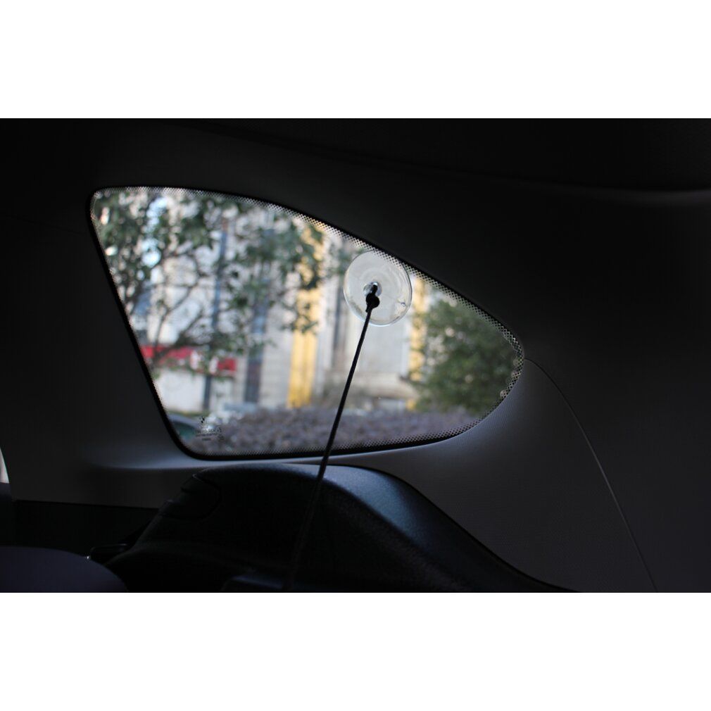 Nahaufnahme eines Saugnapfes, der an einer Autofensterscheibe befestigt ist. Ein schwarzer Stab verbindet den Saugnapf mit dem Fenster.
