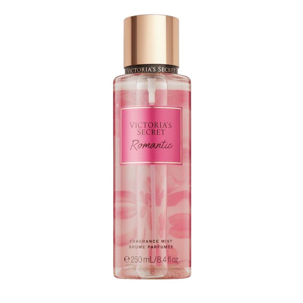 Körperspray-Flasche mit rosa Etikett. Aufschrift: Victoria's Secret Romantic. Goldfarbener Deckel. Rosa Flüssigkeit.