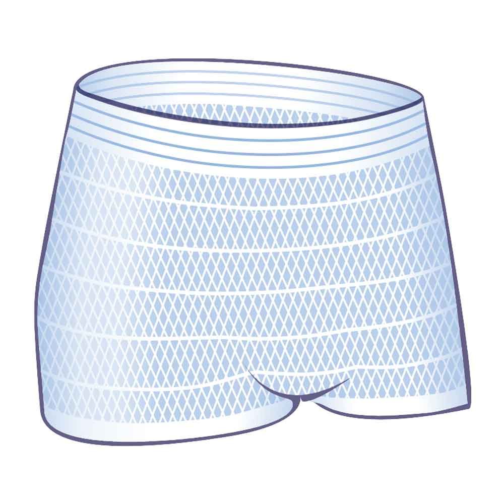 Hellblaue, elastische Fixierhose. Die Hose hat ein Netzmuster und bedeckt den Po und Oberschenkel.