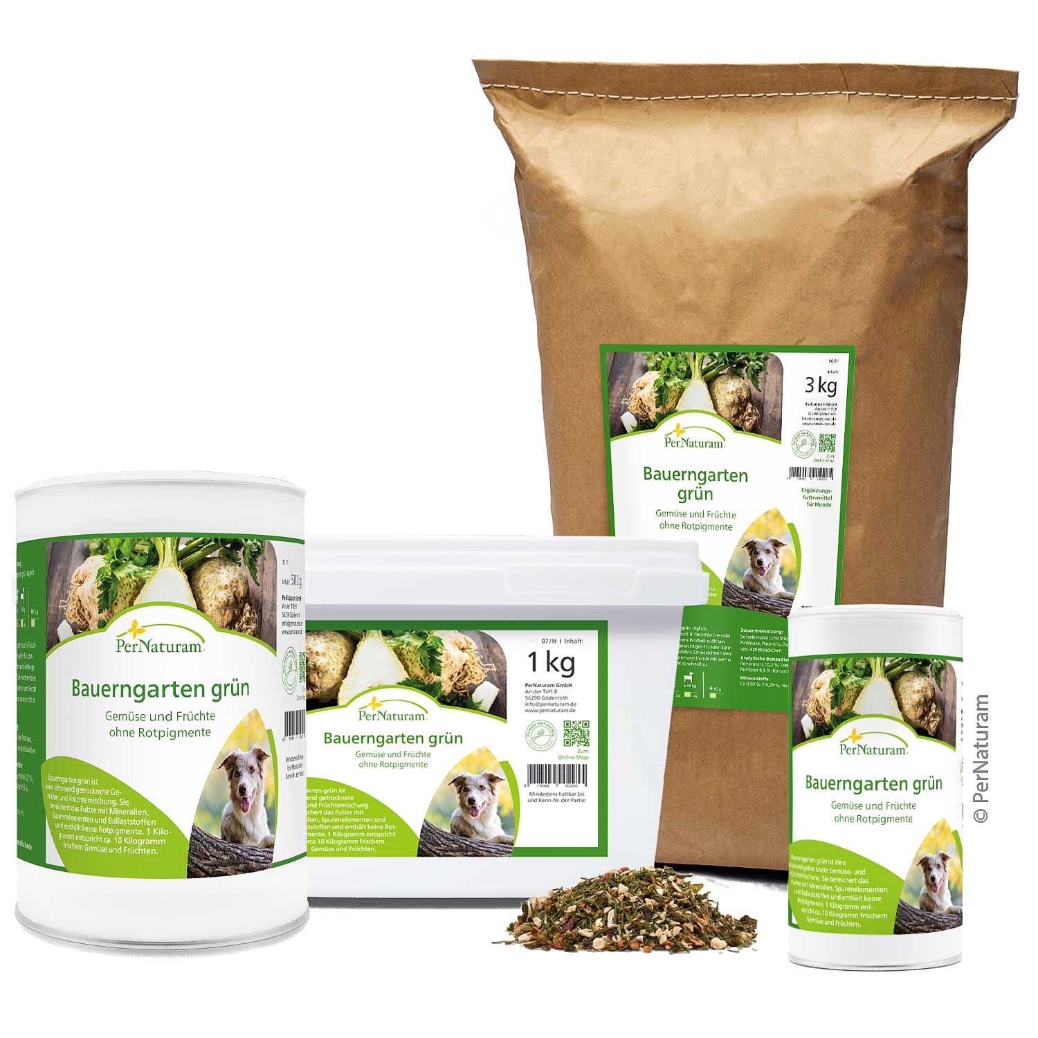 Verschiedene Verpackungen von Bauerngarten grün. Dose, Beutel und Behälter mit Etiketten und Produktabbildung. Geöffnete Packung mit Inhalt.