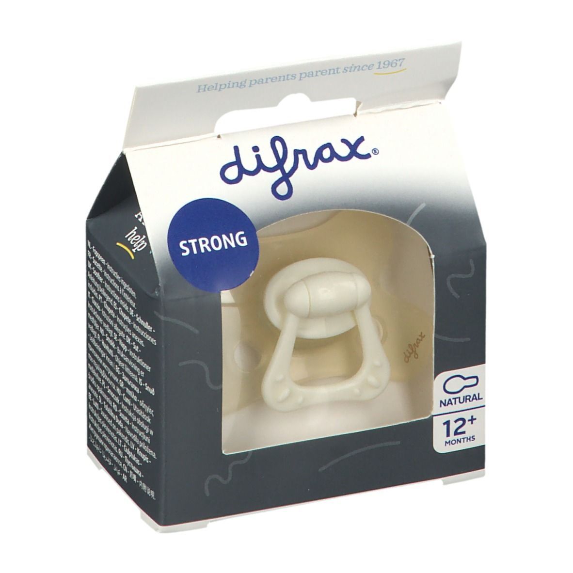 Difrax Schnuller Natural 12+ Monate in Verpackung. Weißer Schnuller mit Griff. Verpackung mit Sichtfenster und Markenlogo.