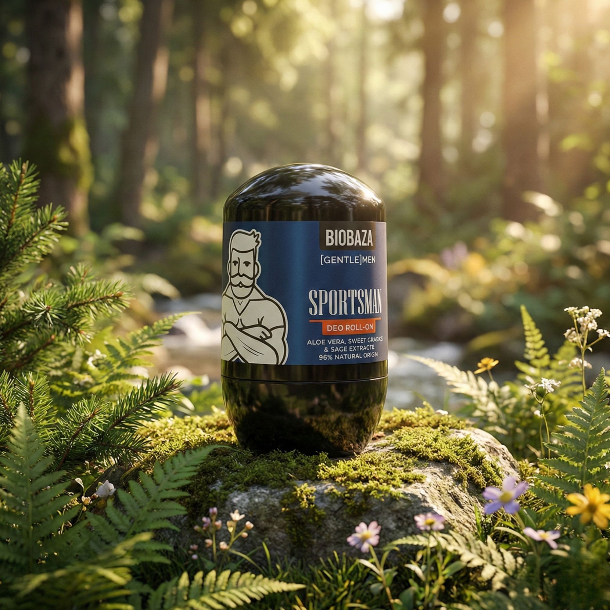 Schwarzer Deo Roll-On mit blauer Banderole. Aufschrift: BIOBAZA SPORTSMAN. Auf einem Felsen im Wald, umgeben von Pflanzen.