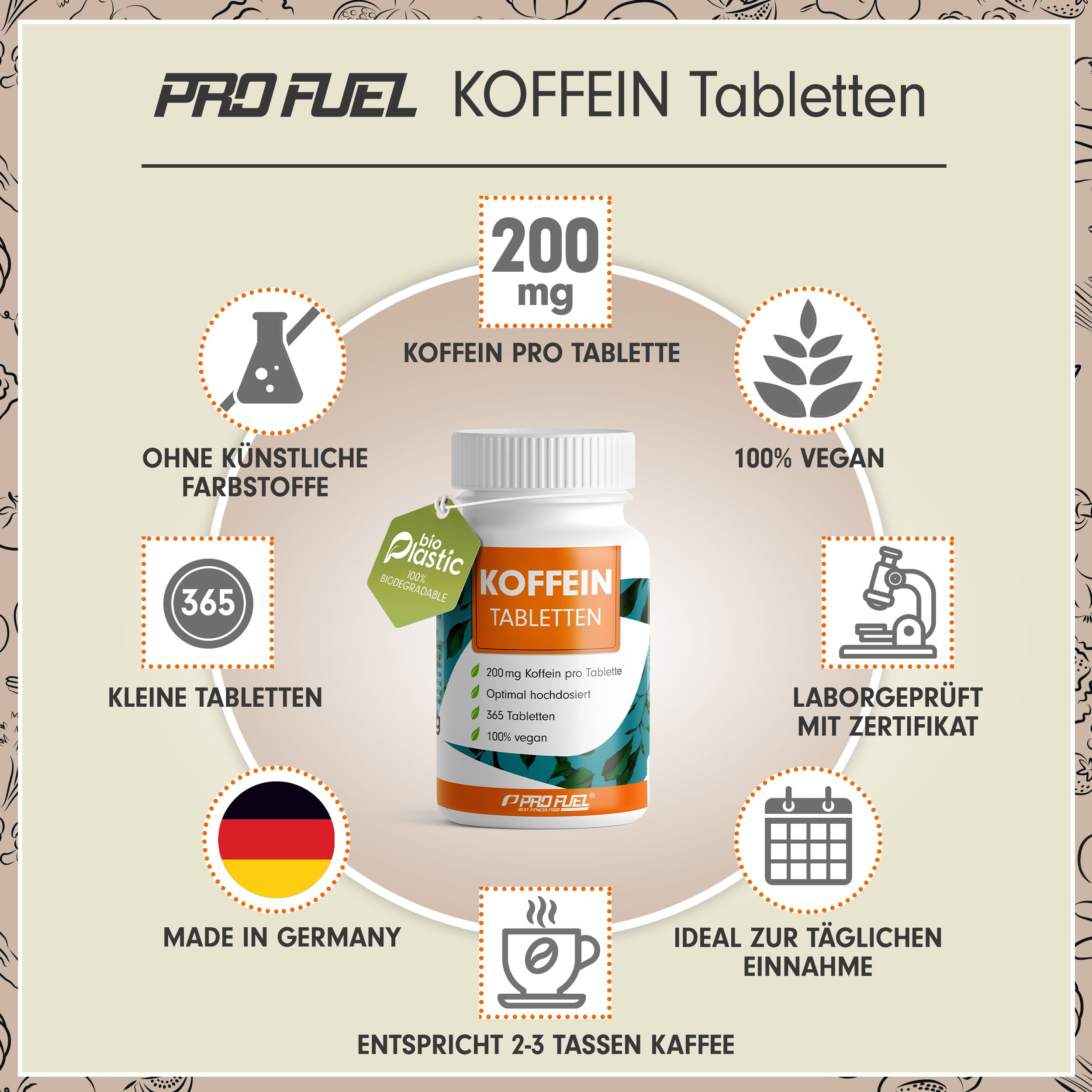 Weiße Flasche mit KOFFEIN Tabletten, 365 Stück. 200 mg Koffein pro Tablette. Vegan. Made in Germany. Mit Zertifikat.
