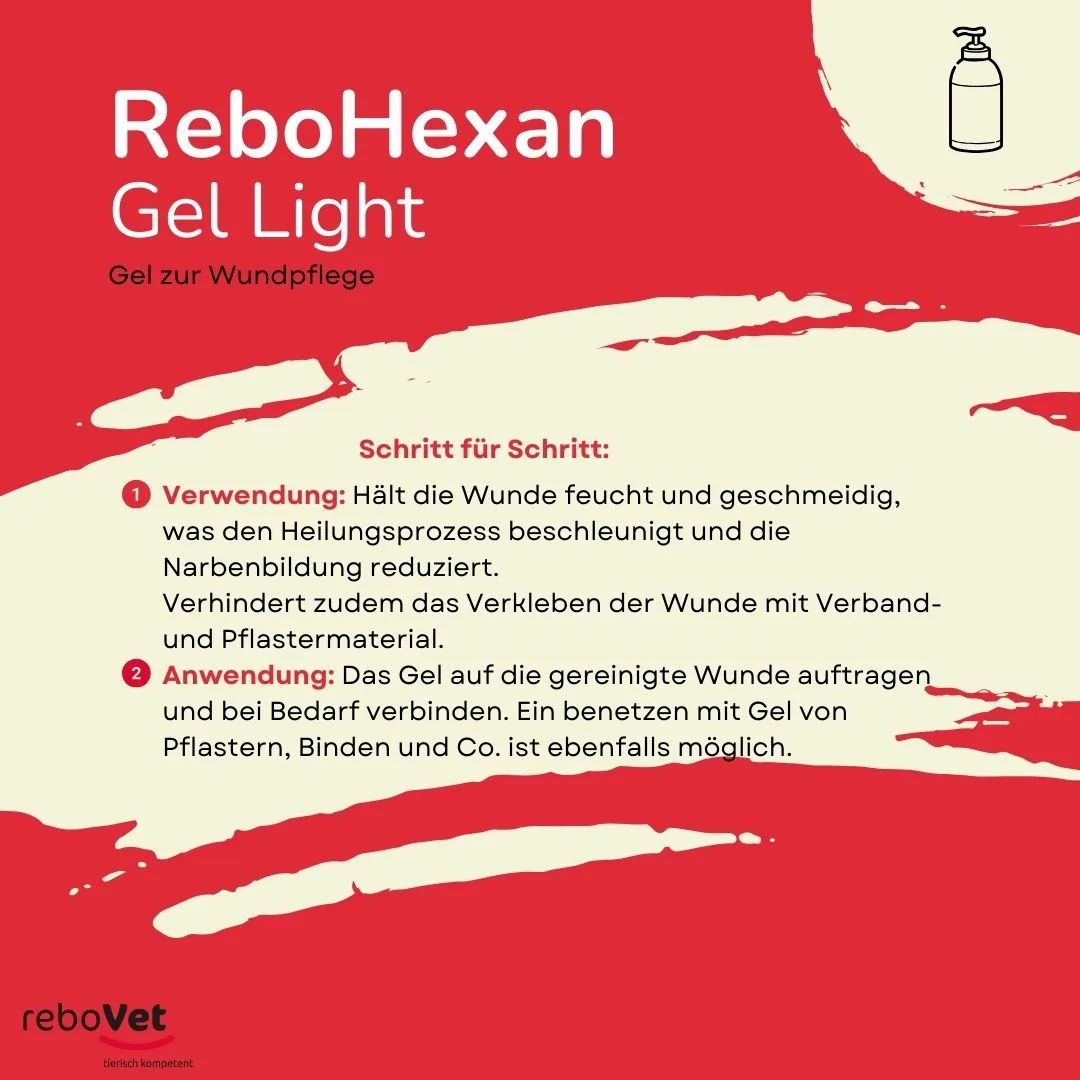 Anwendungshinweise für REBOHEXAN Gel Light zur Wundpflege.