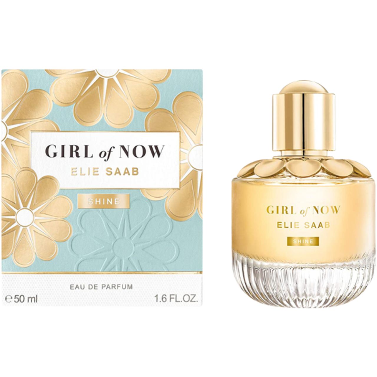 Parfümflakon und Verpackung. Aufschrift: GIRL of NOW, ELIE SAAB, SHINE. Verpackung: 50 ml, 1.6 FL.OZ.