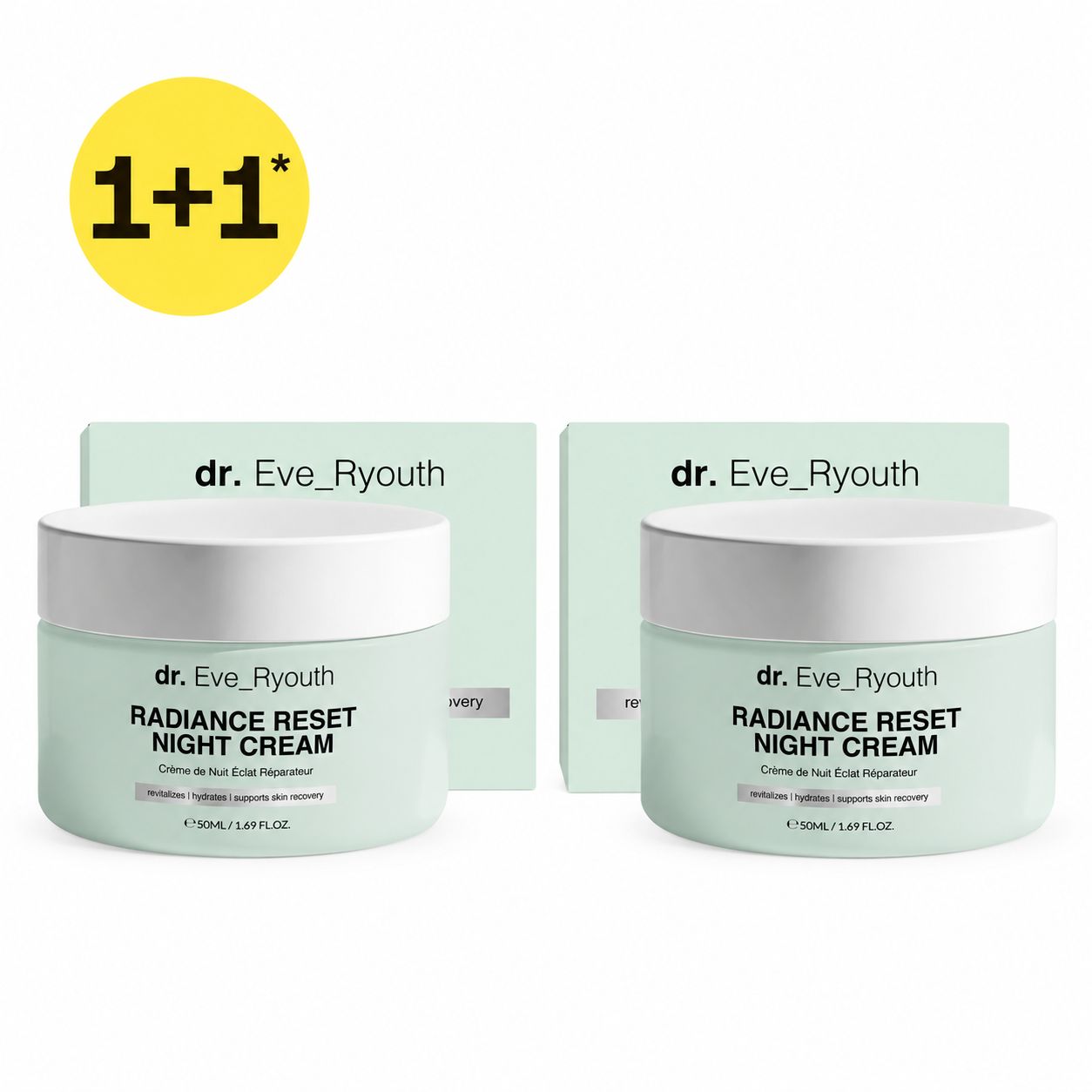 Zwei grüne Tiegel dr. Eve_Ryouth Radiance Reset Night Cream, je 50ml.