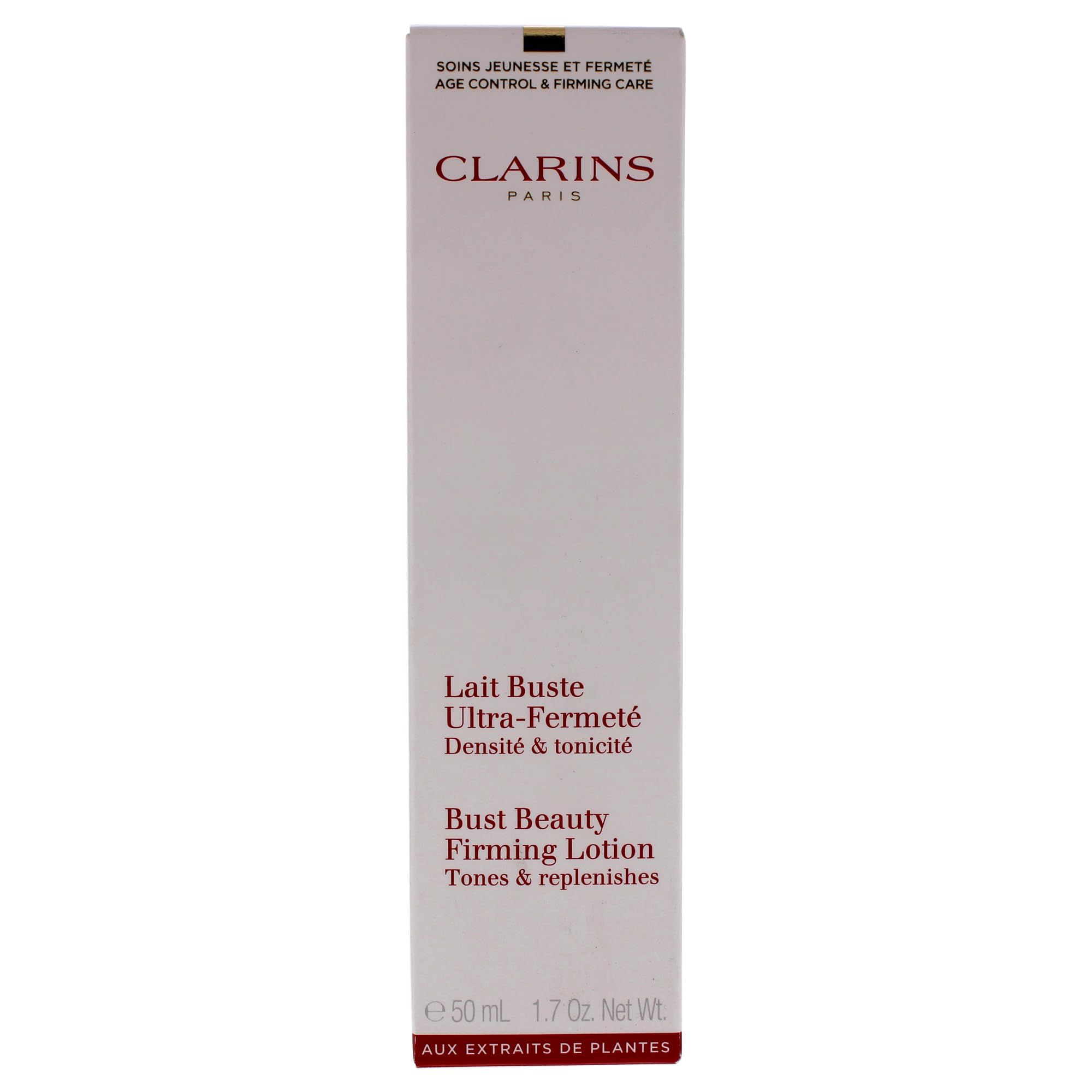 Verpackung. Aufschrift: Lait Buste Ultra-Fermeté, Bust Beauty Firming Lotion. Marke: Clarins.