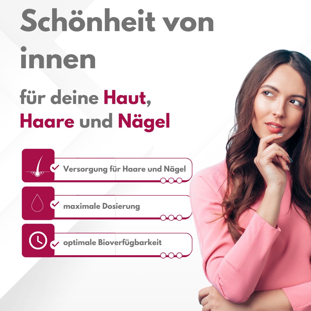 Frau mit rosa Oberteil. Text: Schönheit von innen, für Haut, Haare und Nägel. Symbole für Haare, Tropfen, Uhr.