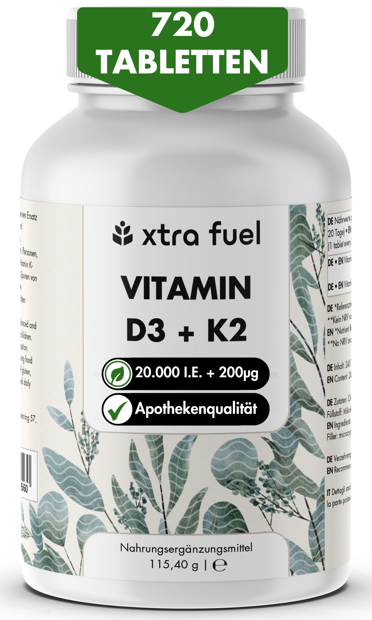 Weißes Flasche mit XTRA FUEL Vitamin D3 + K2 Tabletten. 720 Tabletten. Apothekenqualität.