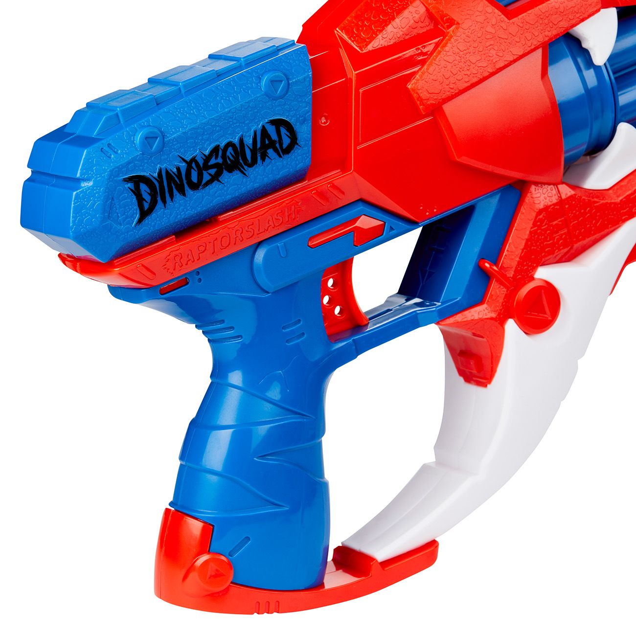 Blau-rotes Spielzeuggewehr mit "DINOSQUAD" und "RAPTOR SPLASH" Aufschrift.