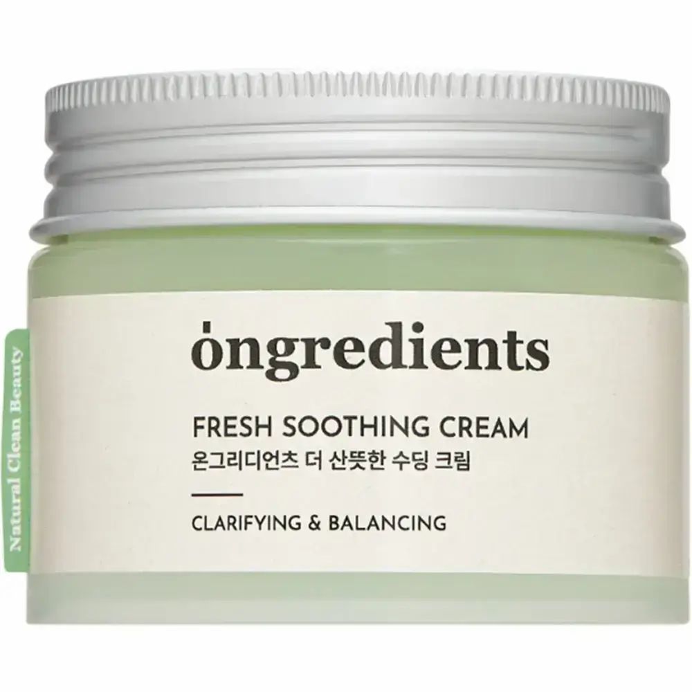 Creme-Glas mit Schraubverschluss. Aufschrift: ONGREDIENTS, FRESH SOOTHING CREAM, koreanischer Text, CLARIFYING & BALANCING. Grüner Aufkleber: Natural Clean Beauty.