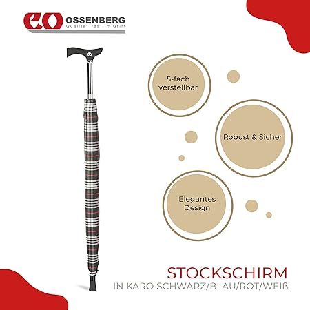 Zusammengeklappter Gehstock-Regenschirm. Schwarz-weiß kariertes Muster. Logo Ossenberg. Text: Stockschirm, 5-fach verstellbar.
