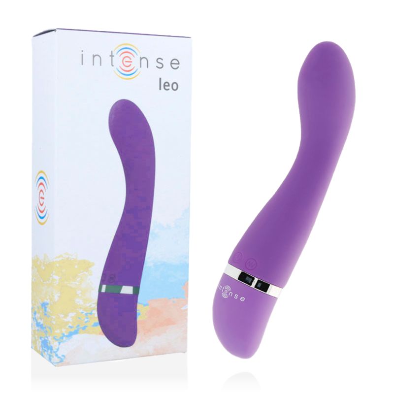 Produkt und Verpackung. Lila Vibrator neben rechteckiger Verpackung. Marke "Intense Leo" sichtbar.