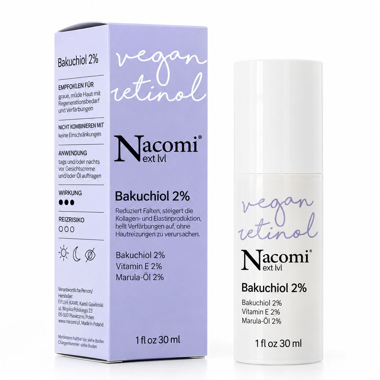 Nacomi Bakuchiol 2% Vegan Retinol Serum mit Tiegel und Verpackung.
