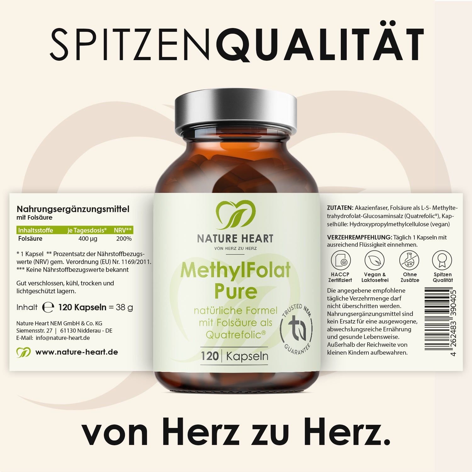 Nature Heart Methyl Folat Pure Flasche mit geöffnetem Etikett, Nährwertangaben und Inhaltsstoffen.