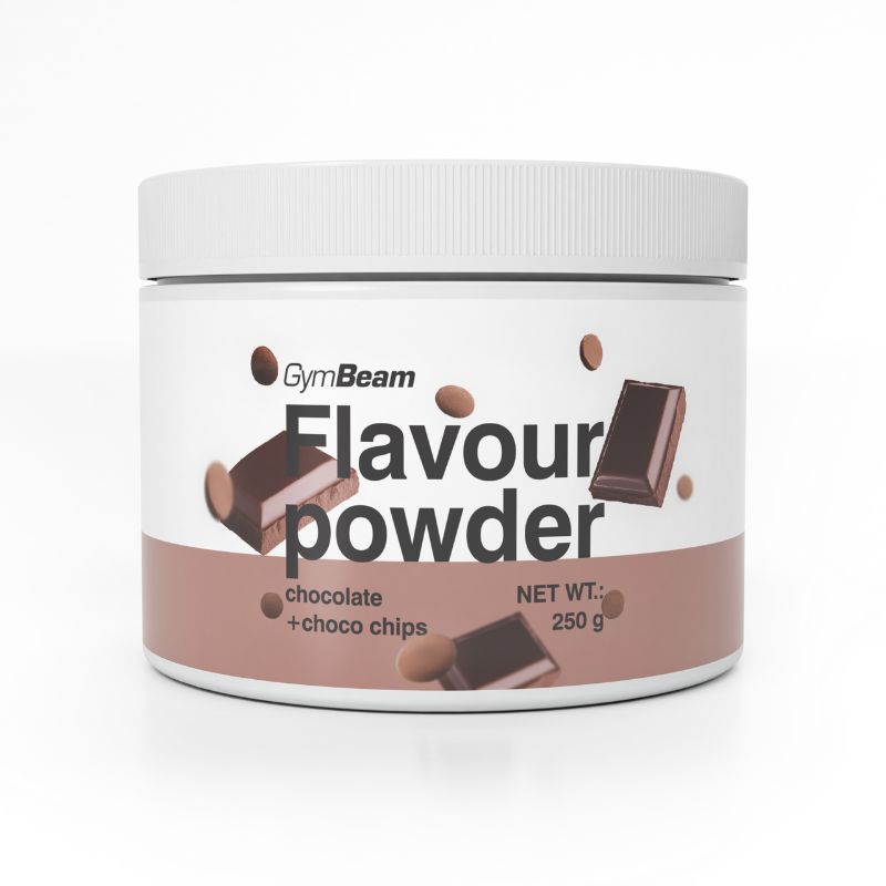 GymBeam Flavour Powder Schokolade + Choco Chips, 250g Dose mit Schokoladenabbildungen.