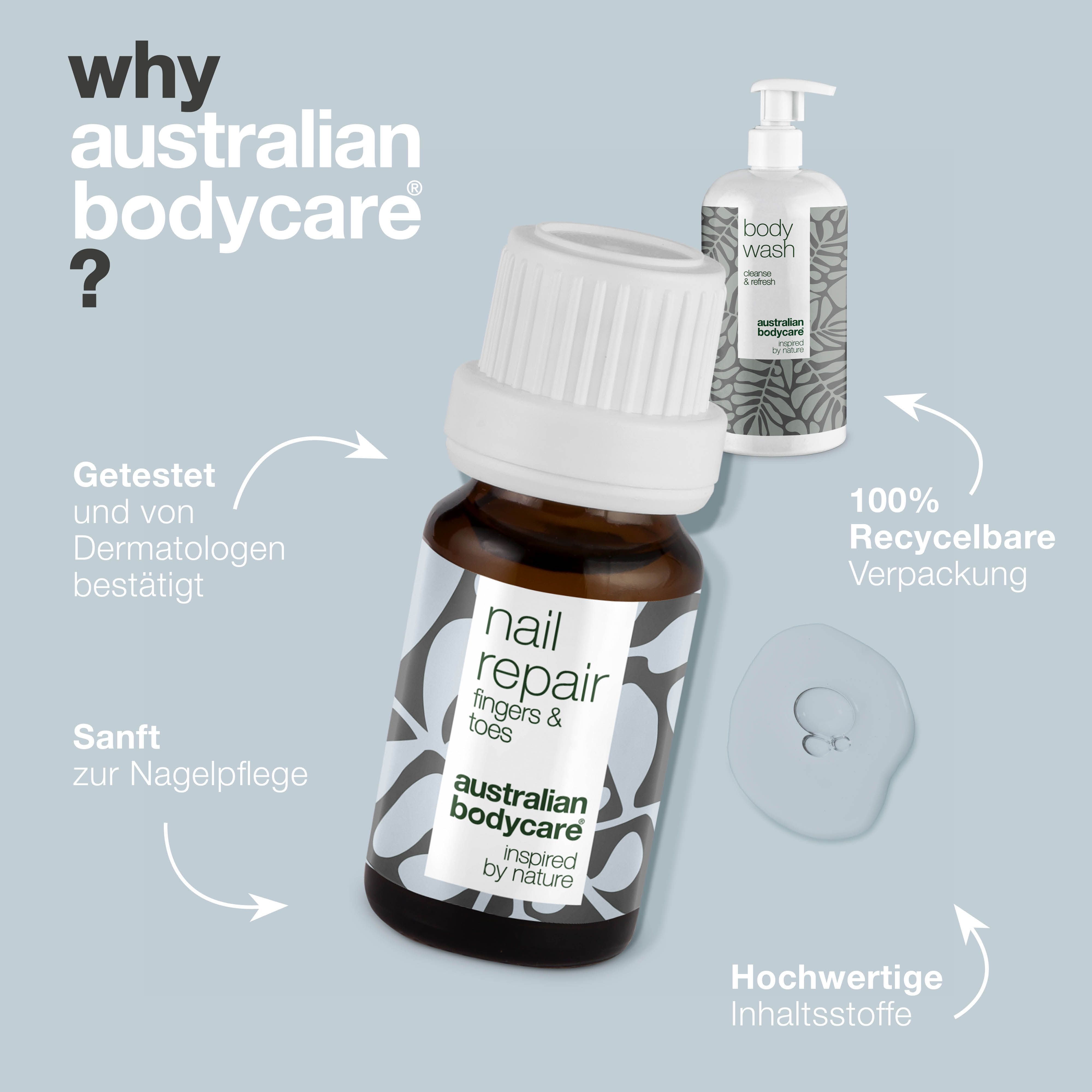 Nagelöl und Körperwaschmittel. Aufschrift: Australian Bodycare. Vorteile: getestet, hochwertige Inhaltsstoffe, sanft.