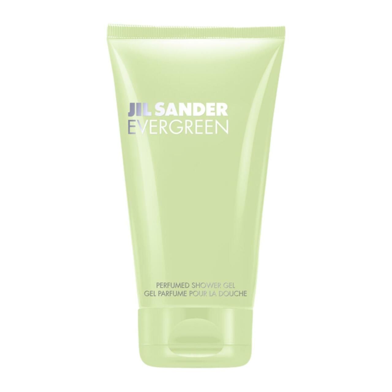 Hellgrüne Tube mit Aufschrift Jil Sander Evergreen. Text: Perfumed Shower Gel. Flasche mit Klappverschluss.
