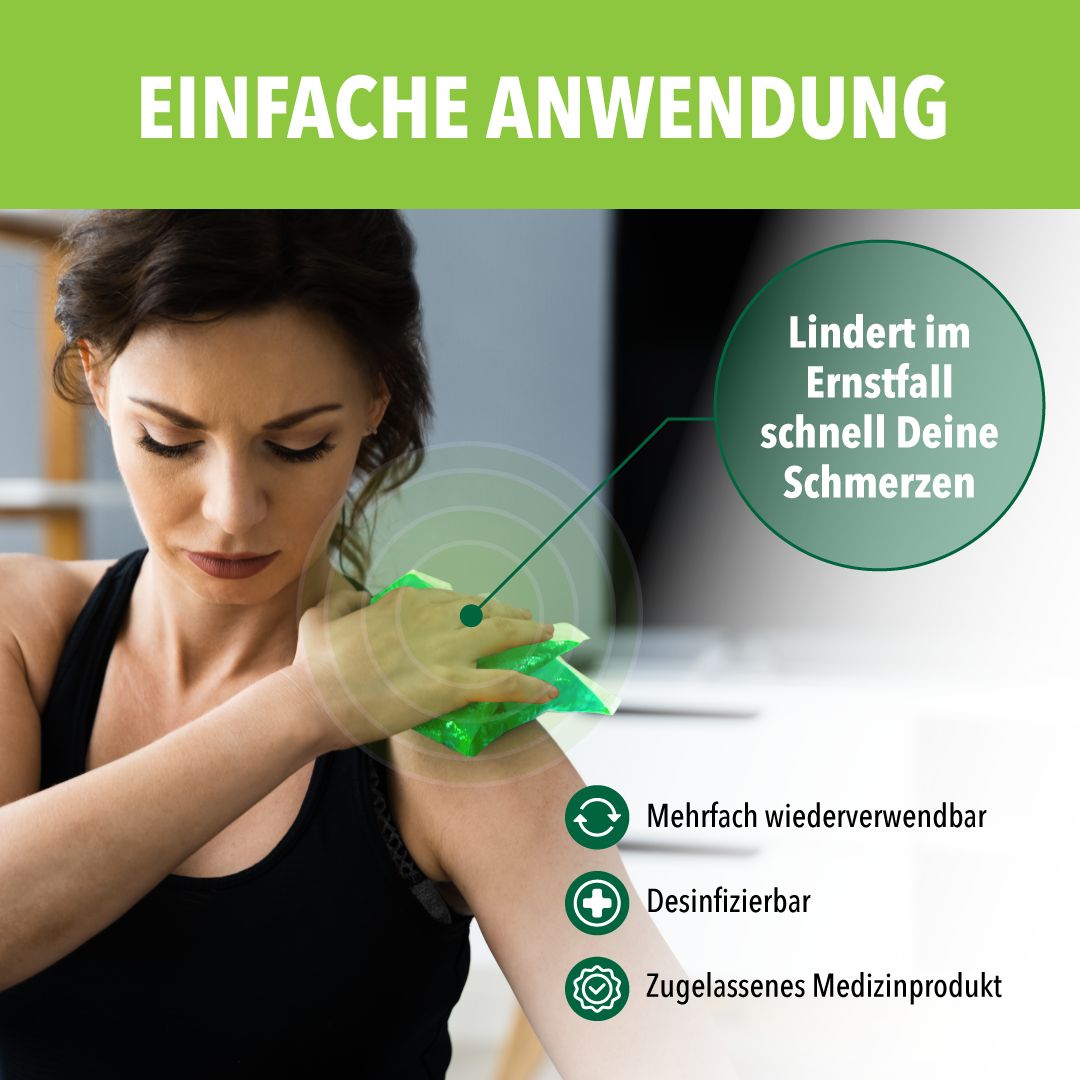 Frau mit Kompresse auf Schulter. Text: Mehrfach wiederverwendbar, desinfizierbar, Medizinprodukt.