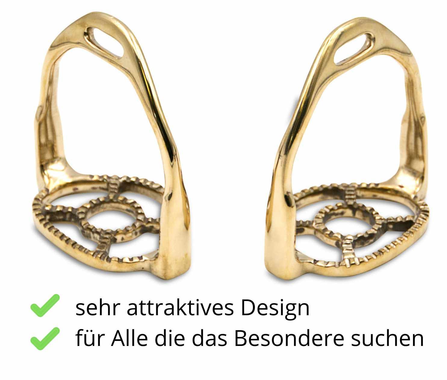 Zwei goldfarbene Steigbügel. Runde Trittfläche mit Muster. Text: sehr attraktives Design, für Alle die das Besondere suchen.