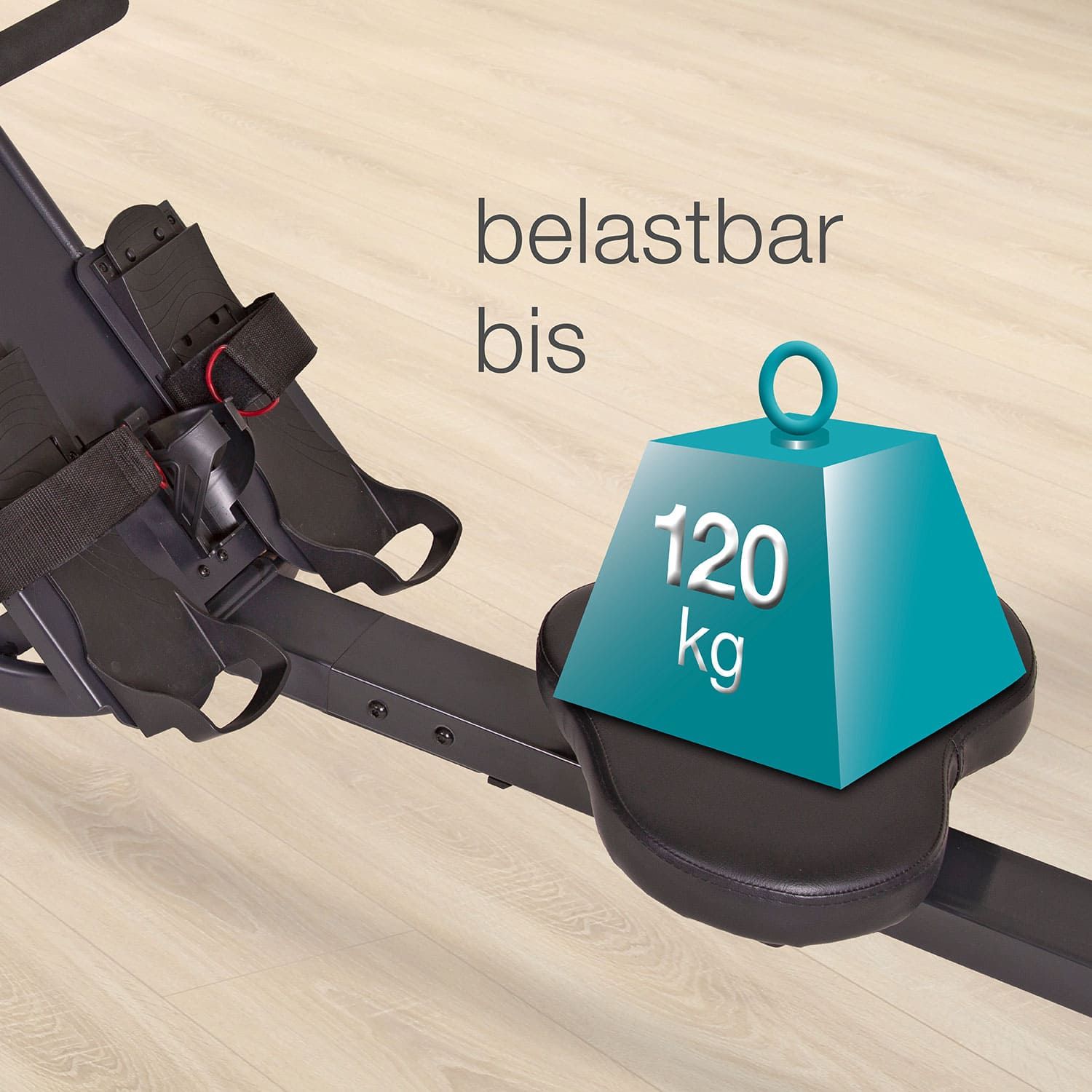Rudergerät mit Wasserbehälter, Sitz, Fußstützen und Display. Belastbar bis 120 kg. Schwarzes Metallgestell, transparente Wassertank.