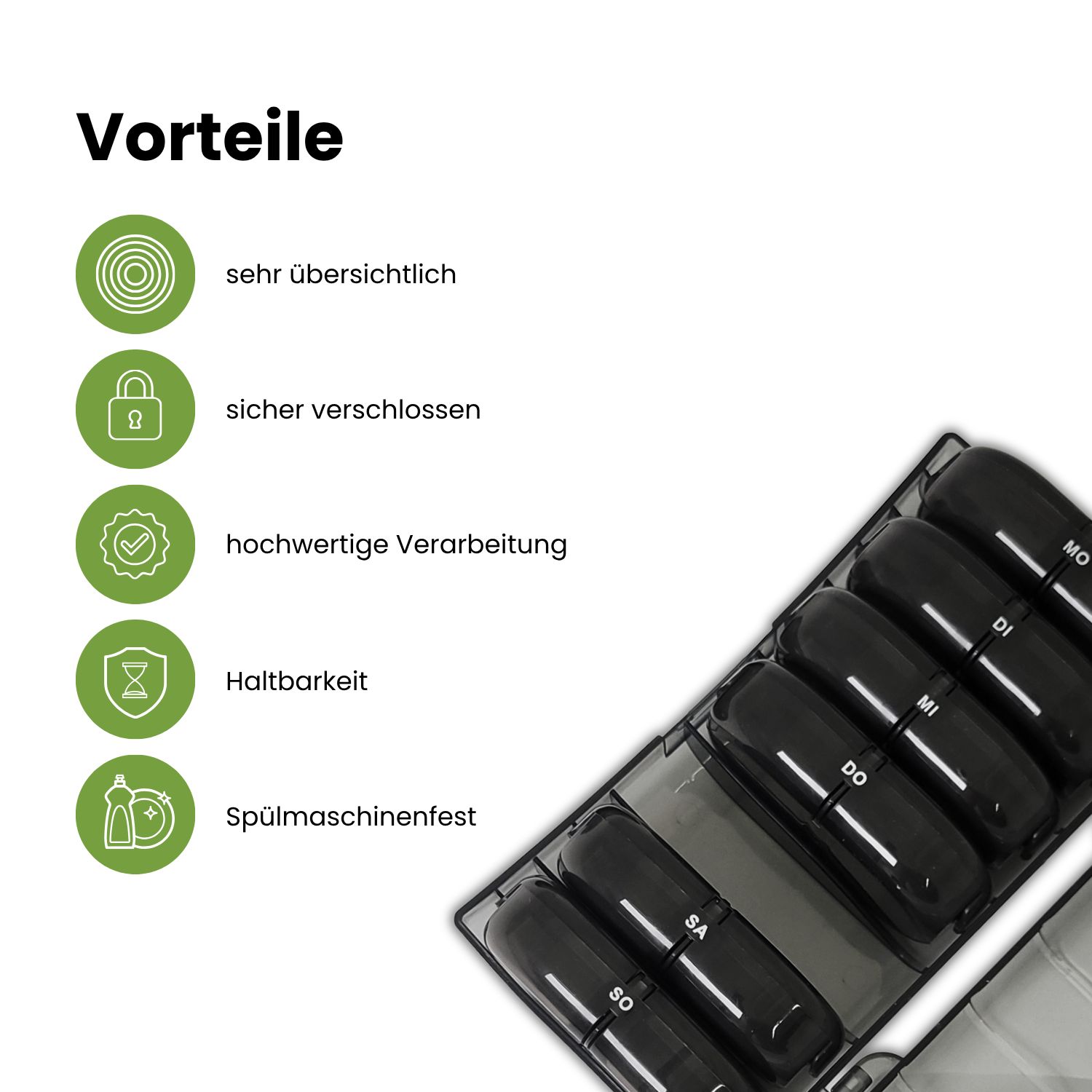 Tablettenbox, 7 Fächer, geöffnet. Text: sehr übersichtlich, sicher verschlossen, hochwertige Verarbeitung, Haltbarkeit, spülmaschinenfest.