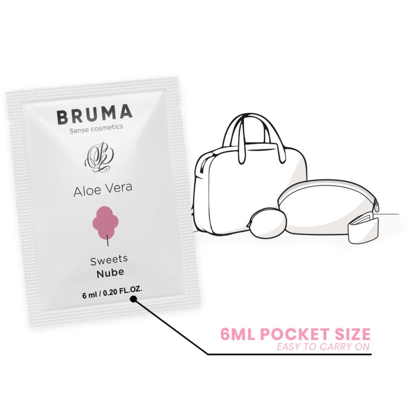 Weißes Produktbeutel mit "BRUMA Aloe Vera Sweets Nube". Skizze einer Handtasche und Kosmetiktasche. Text: 6ML POCKET SIZE.