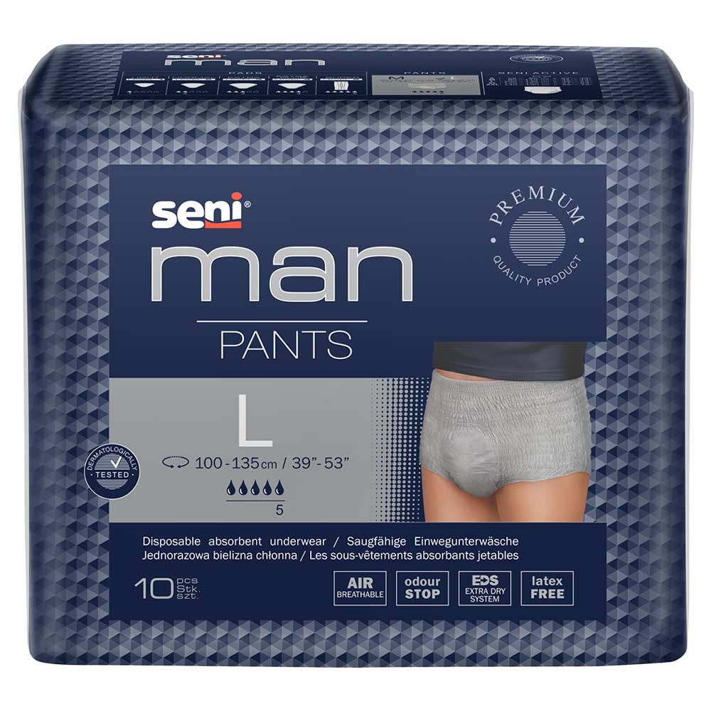 Verpackung Seni Man Pants L. Blaue Verpackung mit Produktabbildung. Enthält 10 Stück. Größenangabe: L, 100-135cm.