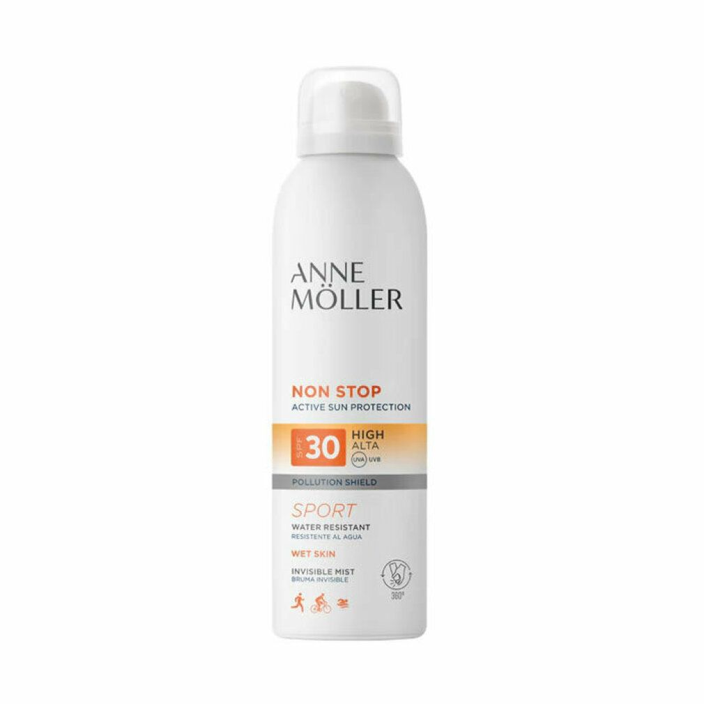 Weiße Sprühflasche mit Anne Möller-Logo. Text: Non Stop, SPF 30, Sport, Water Resistant, Invisible Mist. Mit Sport-Symbolen.