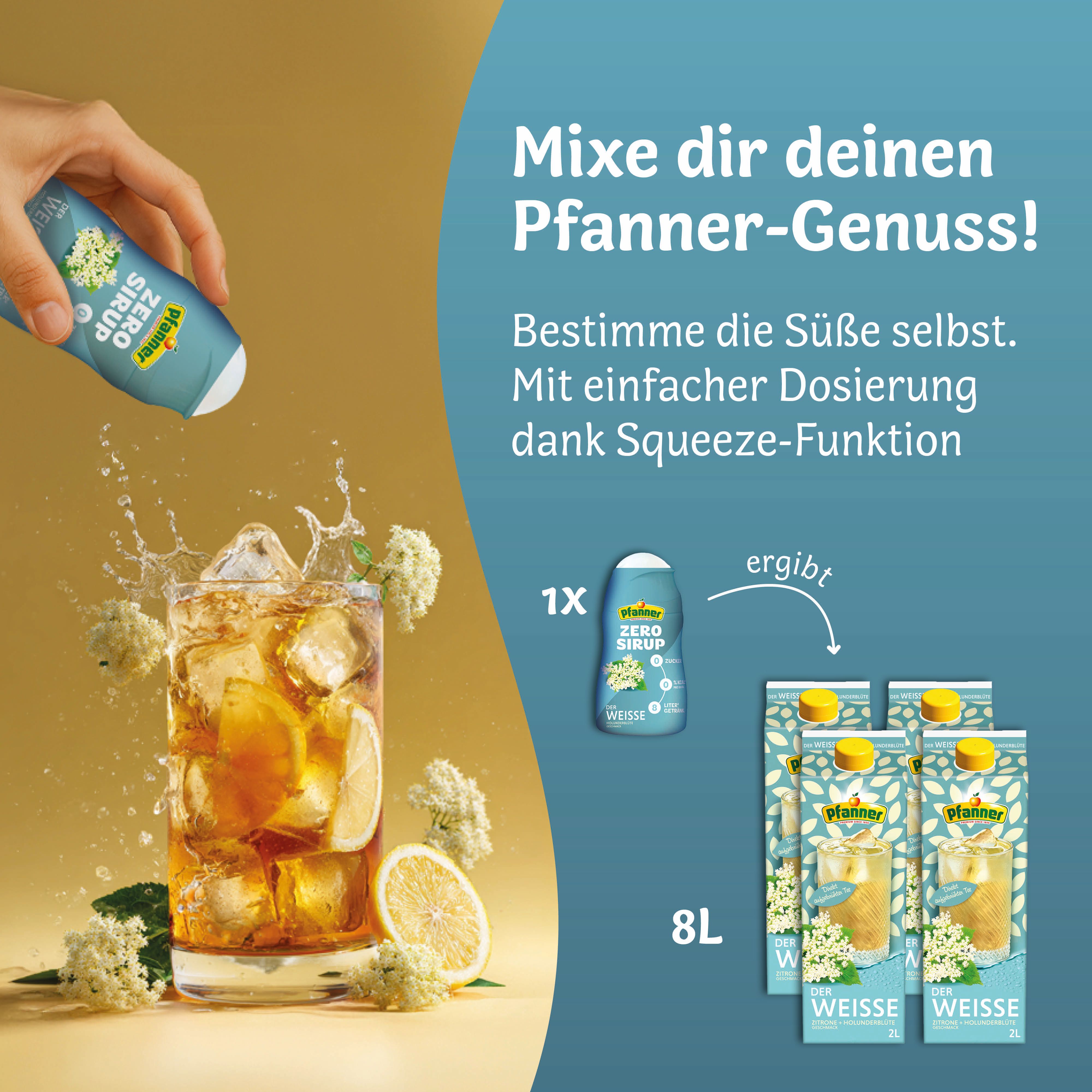 Pfanner Zero Sirup Holunderblüte in einer blauen Flasche, wird in ein Glas mit Eis und Zitrone gegeben.
