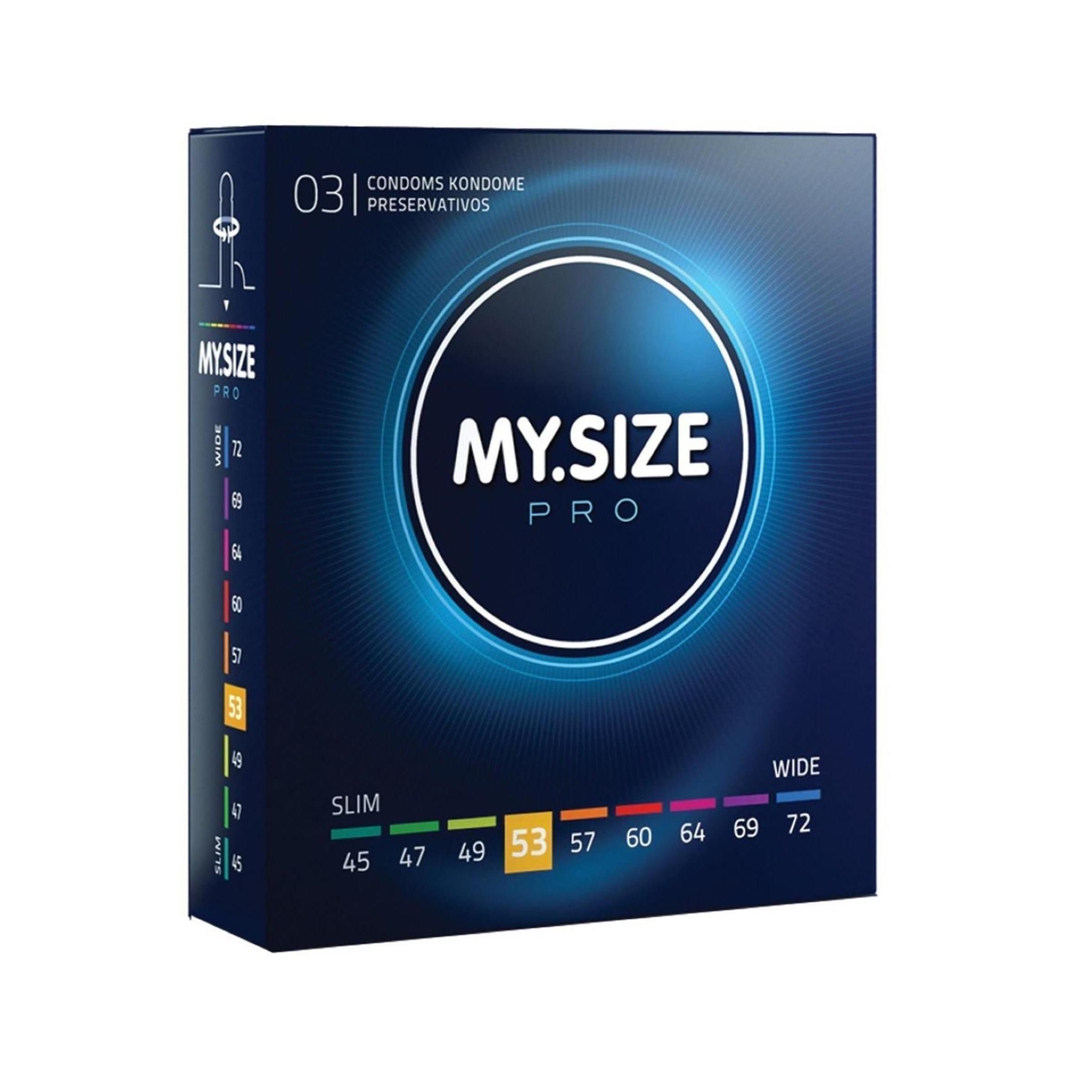 Schachtel mit Kondomen. Aufschrift MY.SIZE PRO, Größe 53mm. Farbige Größenangaben von Slim bis Wide. 03 Kondome.