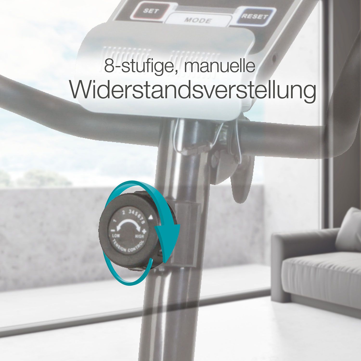 Nahaufnahme des Widerstandsreglers. 8-stufige, manuelle Widerstandseinstellung. Drehknopf mit Zahlen und Pfeil.