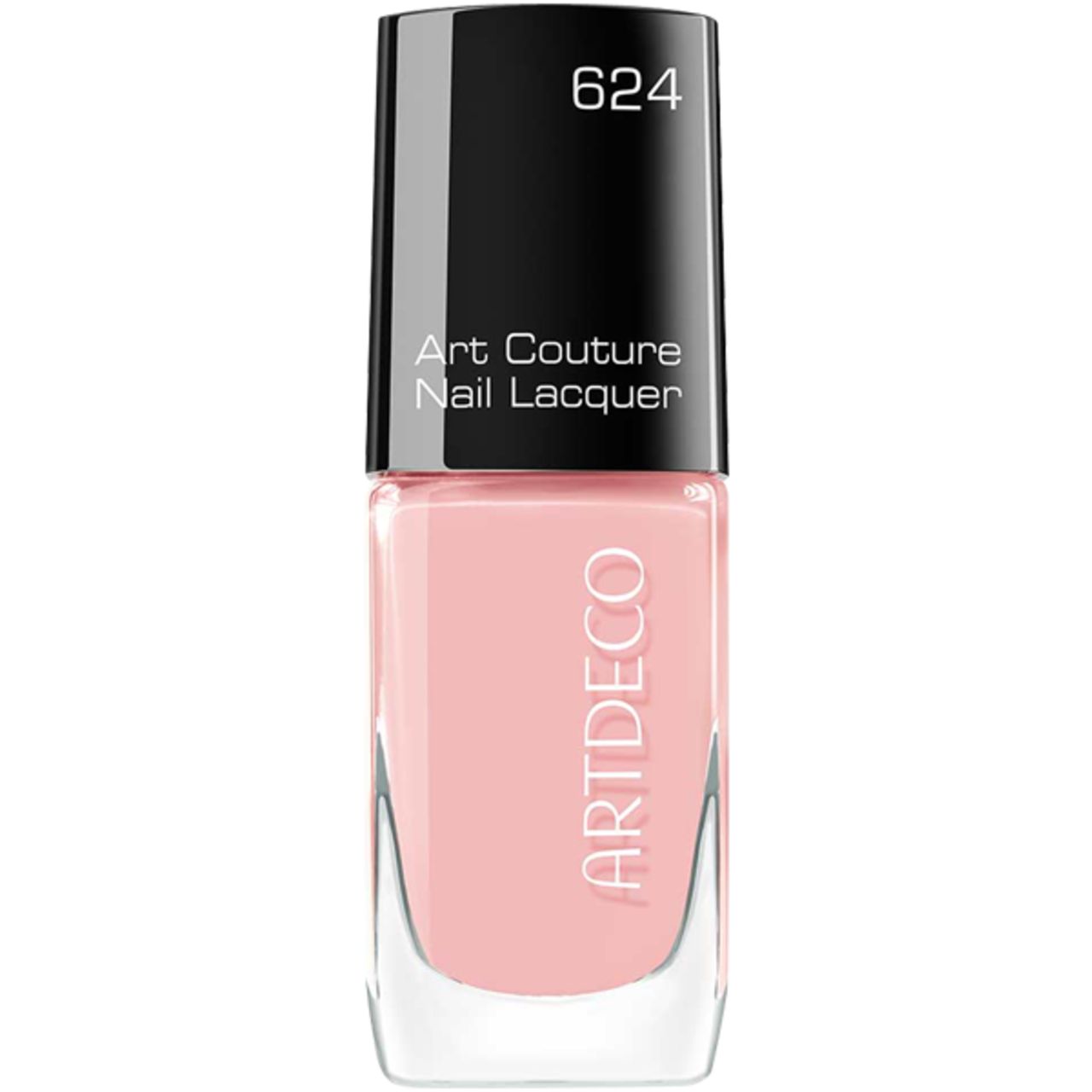 Nagellackflasche, rosa, mit schwarzem Deckel. Aufschrift: Art Couture Nail Lacquer, ARTDECO, Farbnummer 624.
