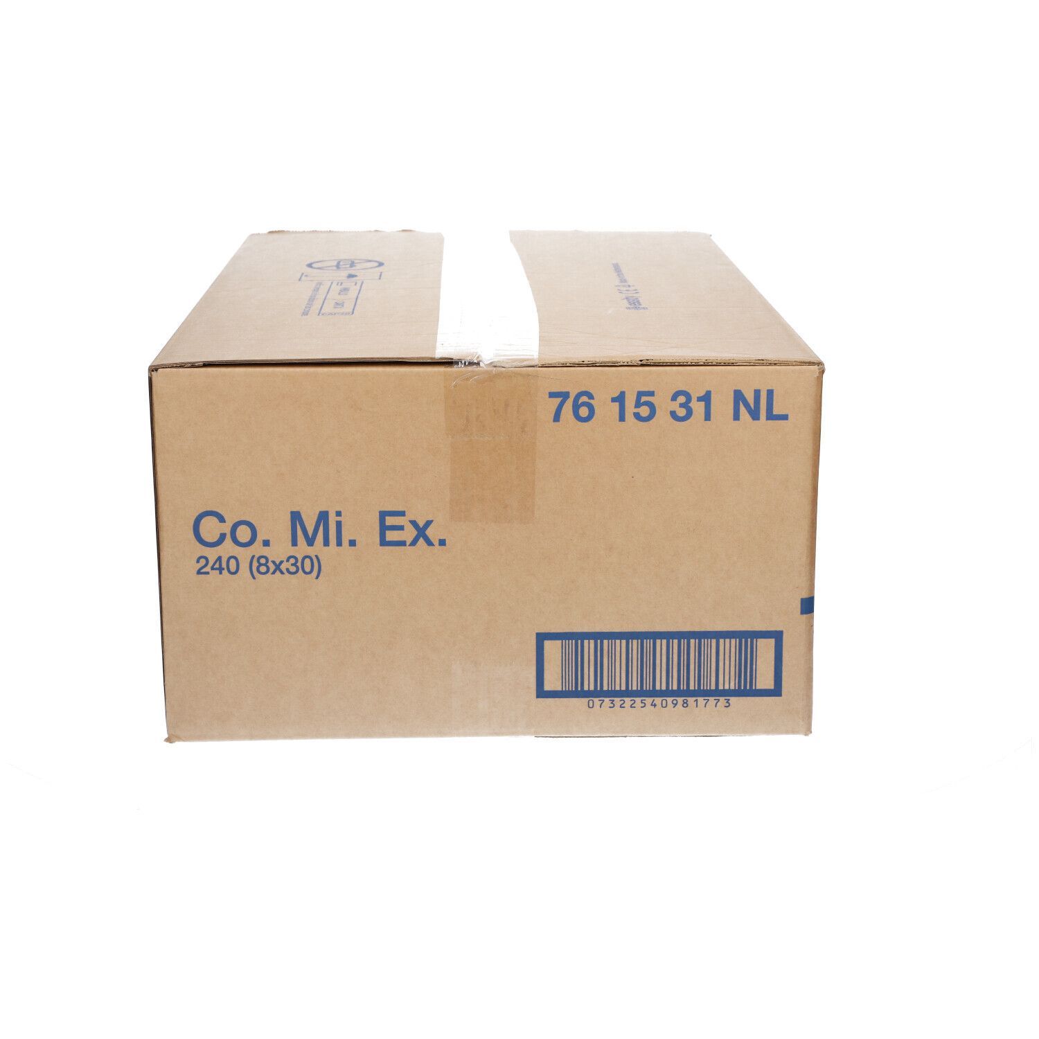 Brauner Karton mit Aufdruck 'Co. Mi. Ex. 240 (8x30)' und Nummerierung.