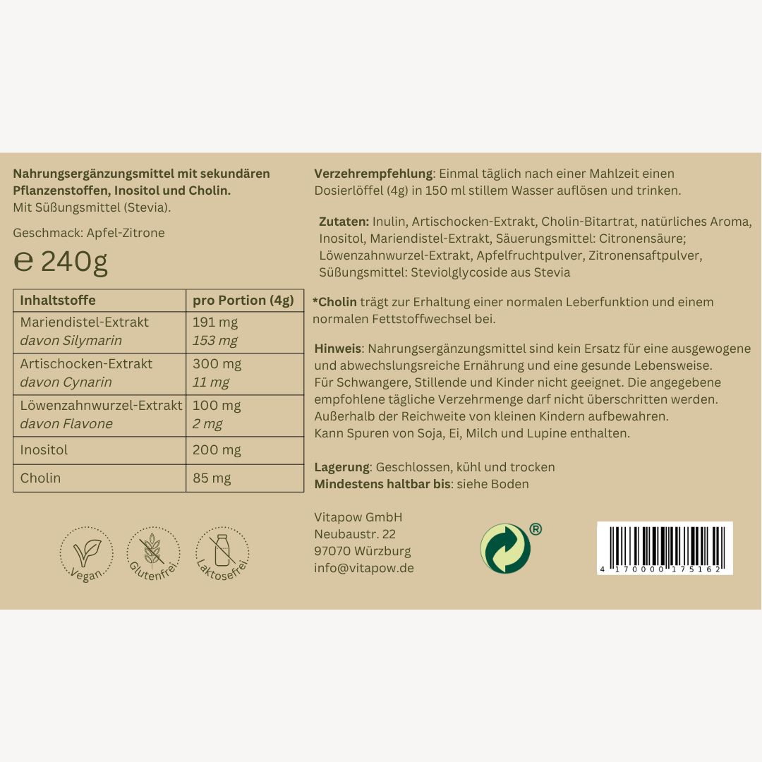 Rückseite der Verpackung. Text: Nahrungsergänzungsmittel mit Stevia. Inhaltsstoffe. Verzehrempfehlung. Mindestens haltbar bis. Vitapow Logo.
