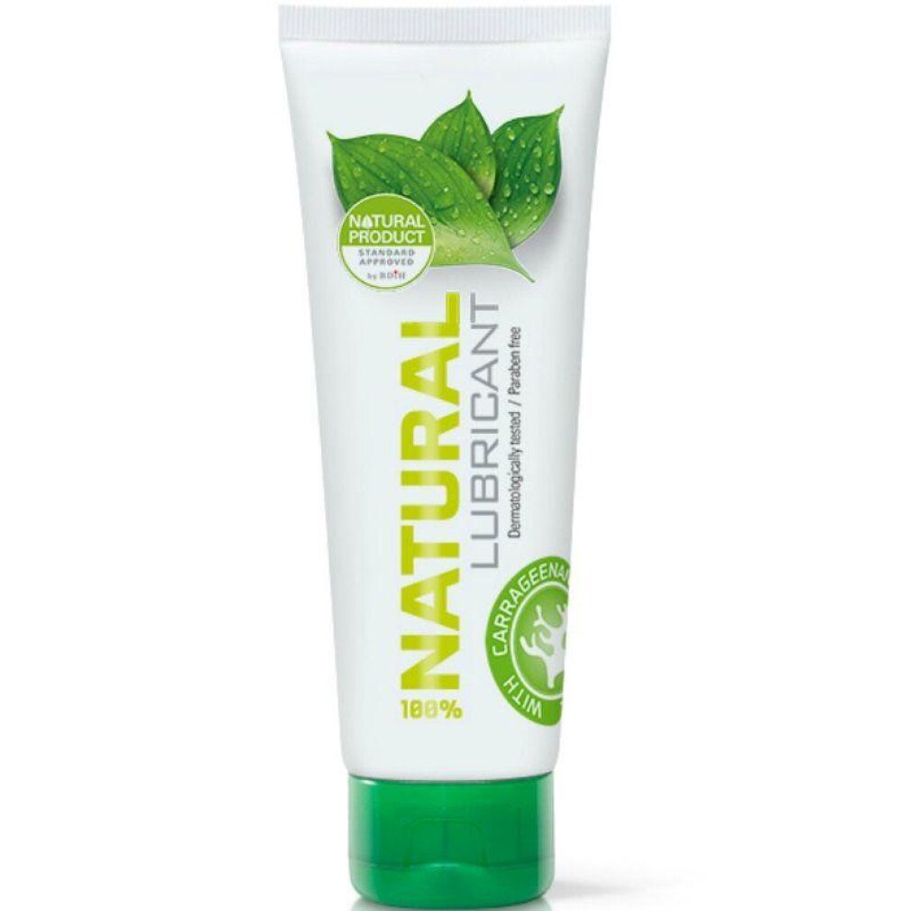 Weiße Tube mit grünem Deckel, Aufschrift "Natural Lubricant". Mit Blättern und Wassertropfen.