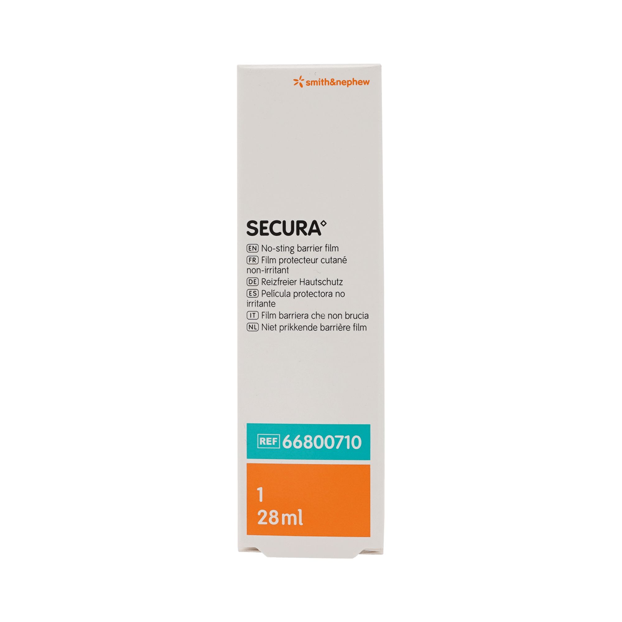 Verpackung von SECURA. Weiß, mit orangefarbenem und blaugrünem Bereich. Enthält Produktinformationen und die Aufschrift "28ml".