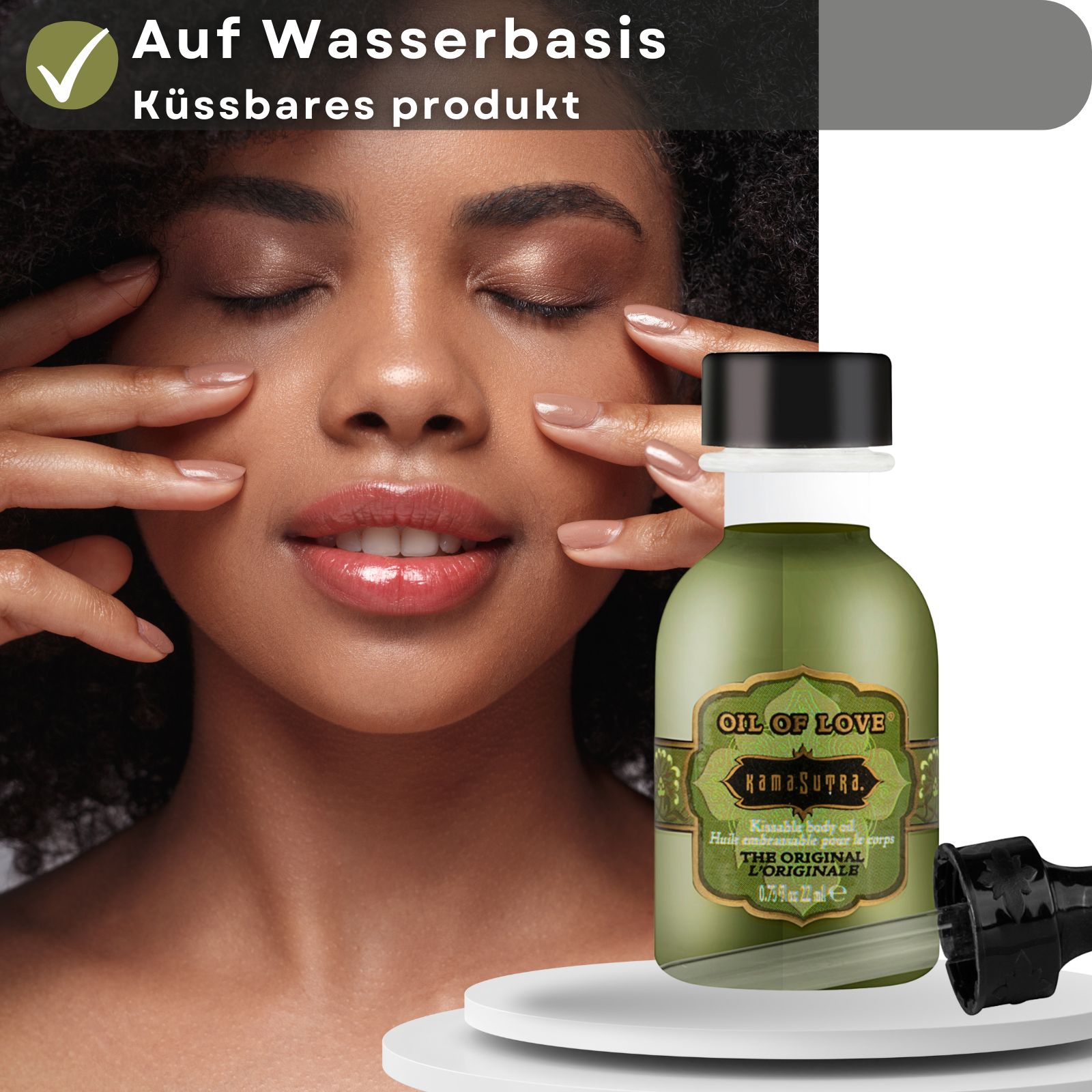 Produktflasche mit Pipette, daneben Textfeld mit "Auf Wasserbasis, küssbares Produkt". Frau mit geschlossenen Augen.