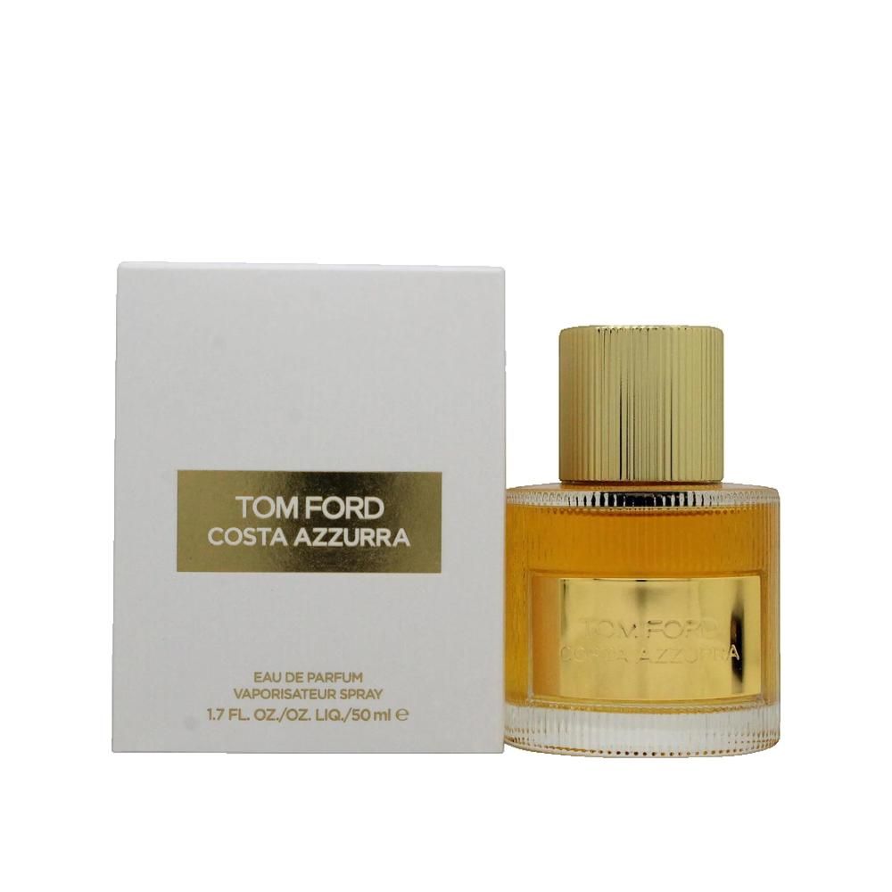 Parfümflakon und Verpackung. Flakon aus Glas mit goldfarbenem Verschluss. Auf der Verpackung steht "Tom Ford Costa Azzurra".