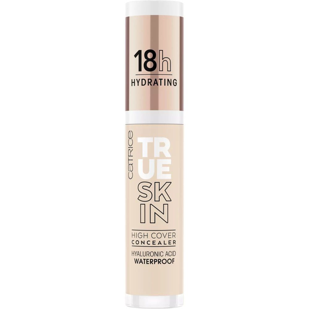 Catrice True Skin Concealer. Tube mit Aufschrift: 18h Hydrating, True Skin, High Cover Concealer, Hyaluronic Acid, Waterproof.