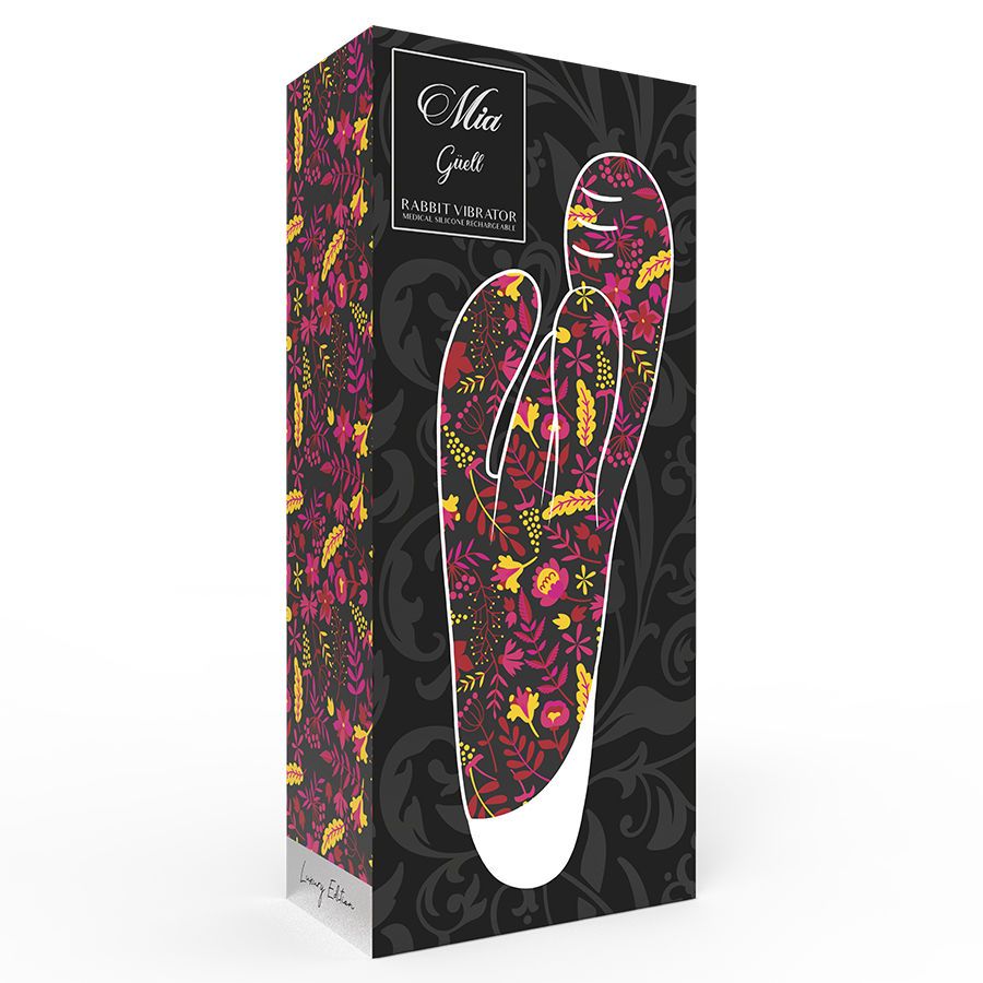 Produktverpackung mit floralem Muster. Produktname: Mia Guell Rabbit Vibrator.