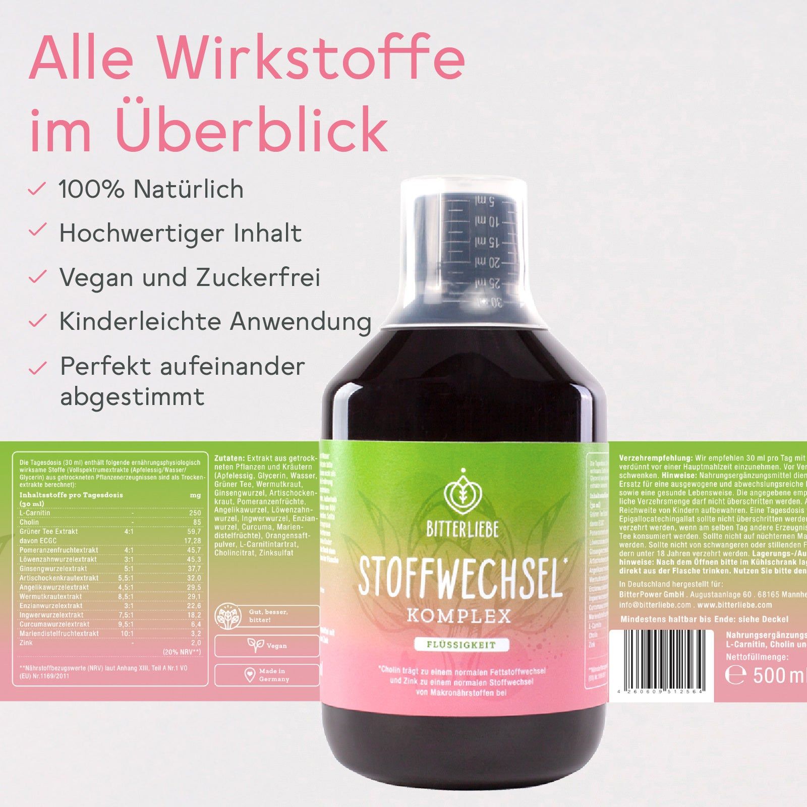 Flasche BitterLiebe Stoffwechsel Komplex mit Etikett. Auf dem Etikett: 100% natürlich, vegan, zuckerfrei. Rückseite mit Inhaltsstoffen.